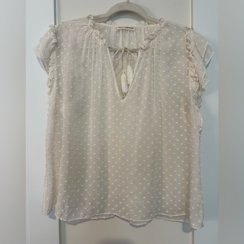 Ulla Johnson Reine Tassel Top Ivory Swiss Dot Chiffon Size 6 Cap Sleeve Blouse